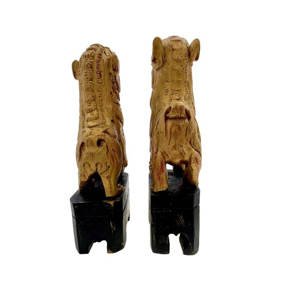 Foo Dog Figurine Pair Fu Lion Carved Wood Gold Gilt Asian Antique Oriental Decor - Picture 9 of 10